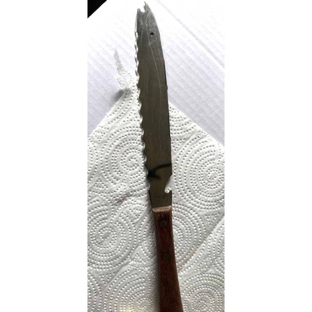 Vtg MCM 3-in-1 Tomato Cheese Bar Knife Stainless Japan Wood Handle Forked Tip